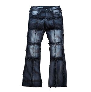 Copper Rivet stacked fit black jeans, frayed patchwork, men's 34/36